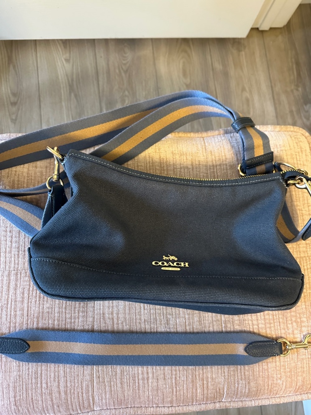 Coach Navy Canvas Crossbody with Gold Logo and Striped Strap